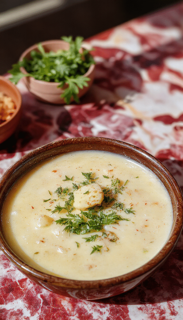 A vibrant bowl of creamy cheddar garlic herb potato soup garnished with chopped herbs and shredded cheese, served hot on a rustic wooden table with slices of crusty bread beside it.