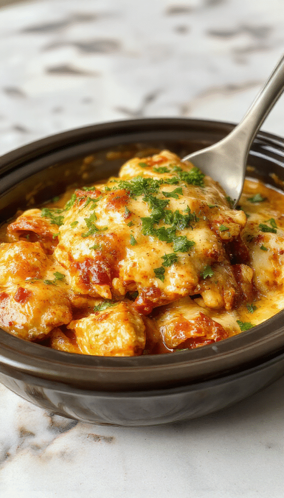 A vibrant plate of hearty crockpot chicken enchilada casserole topped with melted cheese, sliced green onions, and fresh cilantro. The casserole reveals layers of shredded chicken, spicy enchilada sauce, and melted cheese, served alongside warm tortillas and a colorful side salad.