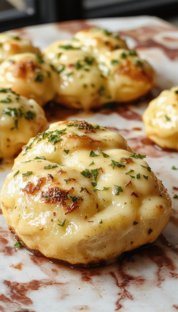 A close-up shot of golden-brown cheesy garlic rolls arranged on a rustic wooden platter, topped with melted cheese, minced garlic, and fresh parsley, with a soft interior visible through a broken roll, styled with a linen cloth and a small bowl of dipping sauce.
