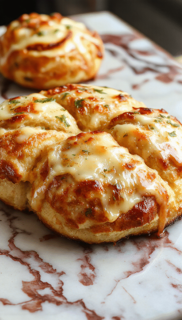 A golden-brown cheesy pull apart bread arranged in a circular shape on a rustic wooden board, with gooey melted cheese bubbling on top, garnished with fresh herbs, captured in bright natural lighting emphasizing its crispy crust and soft interior