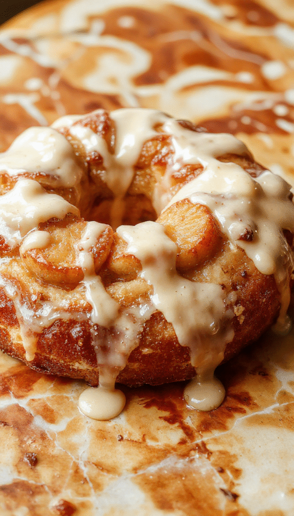 A golden-brown apple kringle on a rustic wooden board, drizzled with a smooth vanilla glaze, garnished with cinnamon and slices of fresh apple, styled with a vintage knife and soft natural lighting.