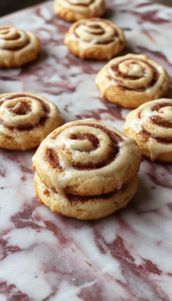 A close-up of golden-brown cinnamon roll cookies drizzled with white icing, arranged on a rustic wooden platter with cinnamon sticks and a sprinkle of powdered sugar, styled for a cozy home atmosphere