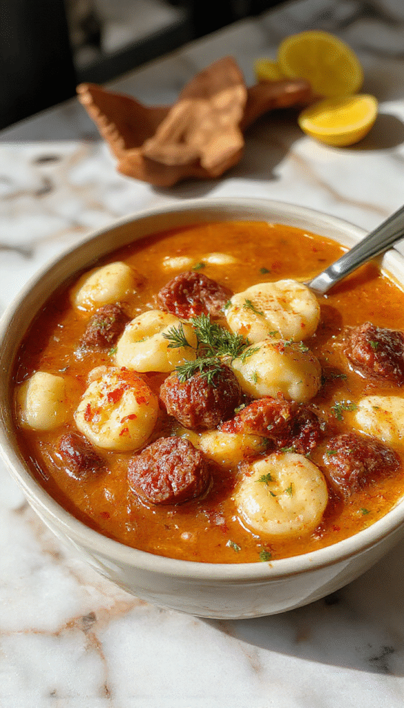 A warm bowl of autumn tortellini soup filled with plump tortellini, slices of sausage, and fresh herbs, presented on a rustic wooden table with fall leaves in the background, steam rising, colorful vegetables, and a spoon ready for serving.
