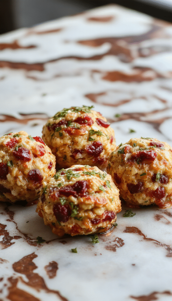 Colorful cranberry and turkey stuffing balls arranged on a white platter, golden-brown crispy outer coating with vibrant red cranberries visible, garnished with fresh herbs and served on a stylish plate.