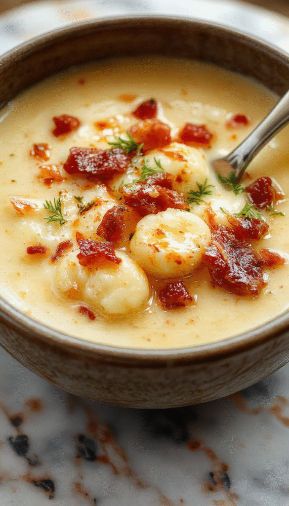 A bowl of creamy bacon cheddar gnocchi soup garnished with crispy bacon bits, melted cheddar cheese, and fresh herbs. The soup is thick and creamy with tender gnocchi, served in a rustic white bowl on a wooden table, with a spoon and a sprig of thyme nearby.