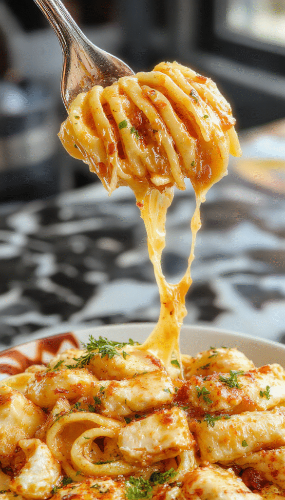 A vibrant plate of creamy Boursin chicken pasta garnished with fresh herbs, showcasing tender pasta coated in a rich white sauce with melted cheese and browned chicken pieces, styled elegantly on a rustic wooden table.