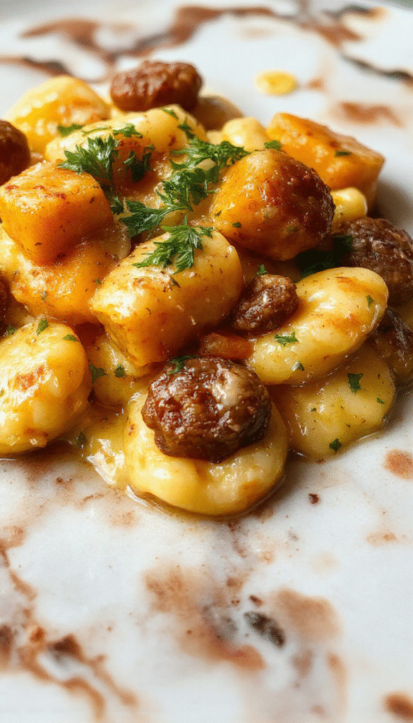 A close-up of golden brown gnocchi with a creamy butternut squash sauce, topped with sliced sausages, garnished with fresh herbs on a rustic plate