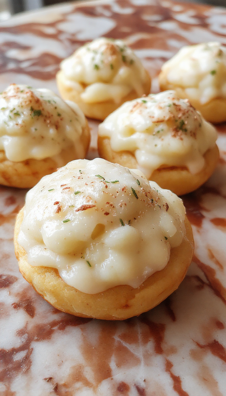A close-up of golden-brown mashed potato puffs topped with melted cheese and chopped herbs, arranged on a rustic white plate with a sprinkle of parsley, showcasing crispy edges and cheesy gooey centers, styled with a wooden background and soft natural lighting.