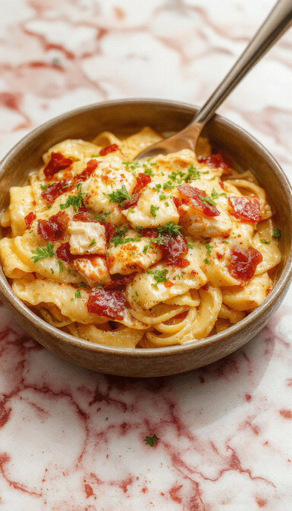 A creamy chicken bacon ranch pasta served on a white plate, featuring tender pasta coated in a rich, creamy sauce, topped with crispy bacon bits and garnished with chopped green herbs, with a rustic wooden table background.