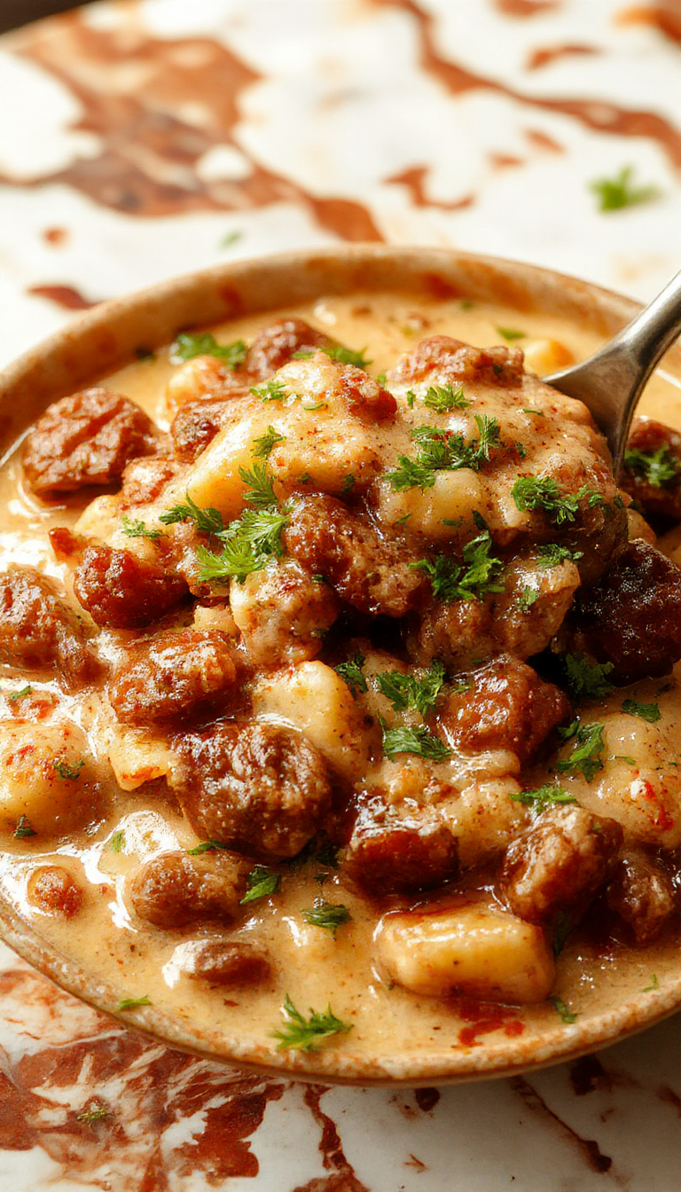 A vibrant bowl of American Goulash on a rustic wooden table, topped with freshly chopped herbs. The dish features bright red tomato sauce, tender ground beef, and perfectly cooked pasta, garnished with cheese and accompanied by crusty bread and fresh vegetables, styled for a homely, inviting presentation.