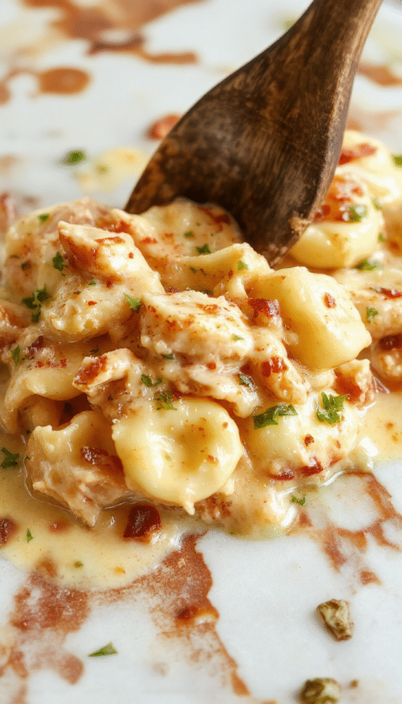 A vibrant bowl of creamy chicken tortellini with melted cheese, fresh herbs, and tender chicken pieces, garnished with parsley, set on a rustic wooden plate with a backdrop of a slow cooker and fresh ingredients, showcasing a rich, flavorful dish with creamy sauce and colorful pasta textures.