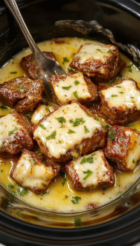 A close-up of tender beef bites coated in rich garlic butter sauce, served on a rustic white plate with fresh herbs and roasted vegetables in the background, showcasing a glossy, flavorful texture with a hint of herbs and a buttery sheen.