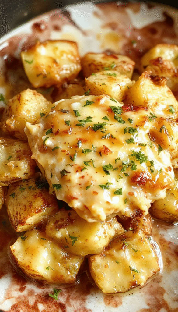 A vibrant plate featuring tender shredded chicken topped with golden Parmesan cheese, surrounded by roasted potatoes and fresh herbs. The dish is beautifully styled on a rustic wooden table with side dishes and a sprinkle of parsley for color.