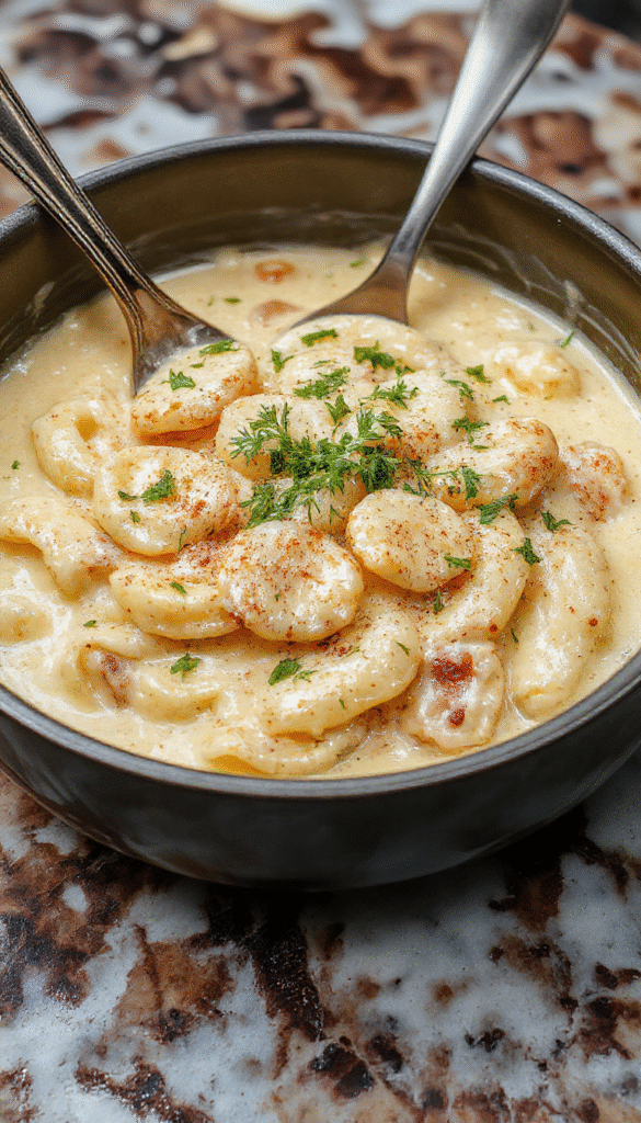 A close-up of a steaming creamy garlic pasta served in a white bowl, garnished with fresh chopped parsley. The pasta is coated in a rich, buttery sauce with visible minced garlic and herbs, highlighting its silky texture and inviting aroma.
