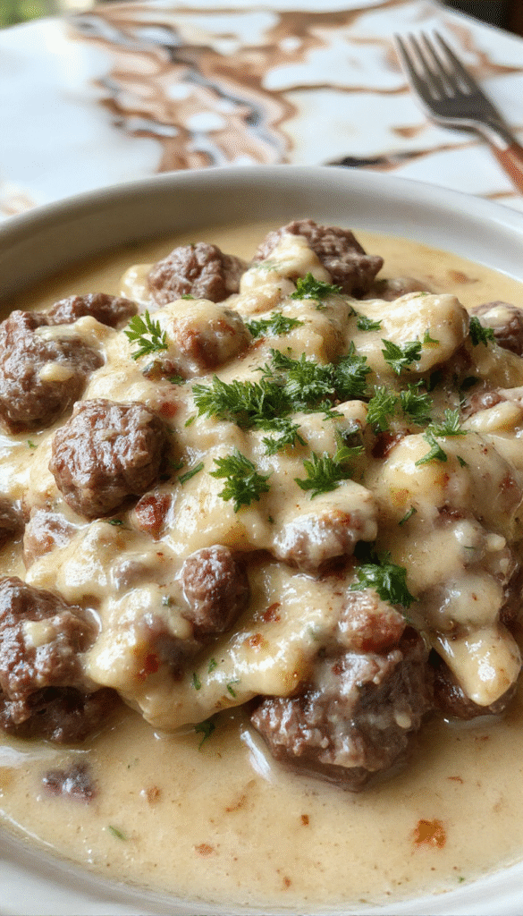 A vibrant bowl of Ground Beef Stroganoff showcasing tender ground beef in a rich, creamy mushroom sauce, garnished with fresh parsley, served over egg noodles with a golden-brown toasted bread side, all styled on a rustic wooden table with warm lighting.