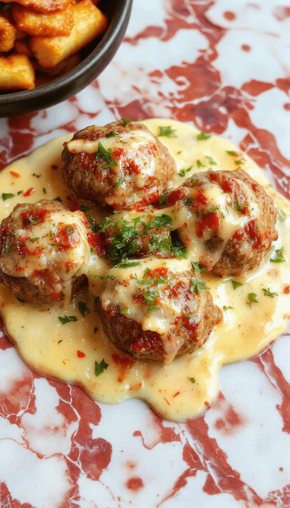 A plate of perfectly browned italian meatballs glazed with a rich, creamy sauce, garnished with fresh herbs, arranged beautifully on a rustic wooden table with a side of pasta and freshly grated cheese