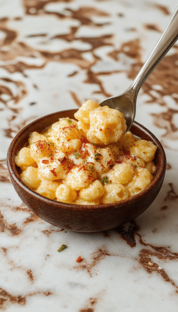 A vibrant close-up of a bowl of creamy mac and cheese with golden melted cheese on top, served in a rustic white bowl on a wooden table, garnished with chopped fresh parsley and a drizzle of creamy sauce, highlighting the smooth texture and cheesy richness.