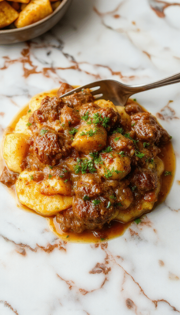 A close-up of steaming pumpkin beef bolognese served on a white plate, topped with fresh herbs, with chunks of pumpkin and ground beef visible, accompanied by a side of crusty bread and garnished with parsley, vibrant orange, and rich brown colors evoke warmth and comfort