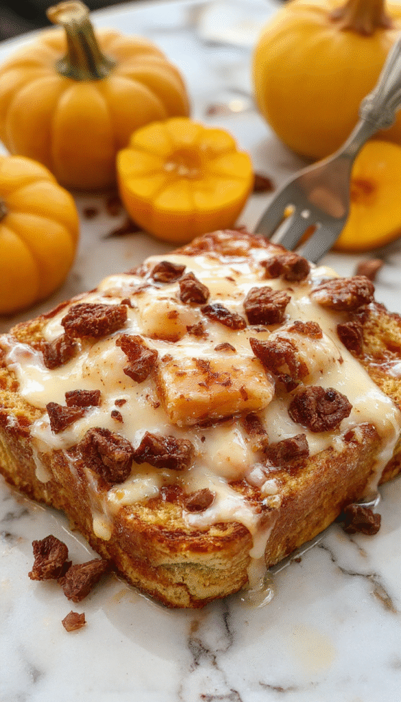 A close-up of golden-brown French toast slices topped with whipped cream and fresh pumpkin puree, garnished with cinnamon and powdered sugar, served on a rustic plate with fall-themed background elements