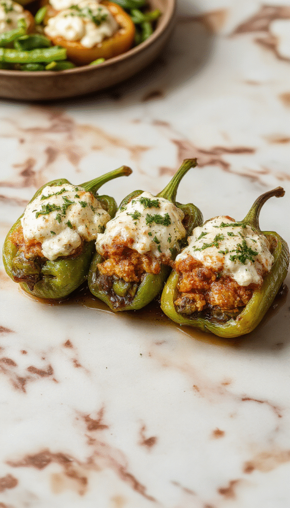 Bright red and yellow bell peppers halved and filled with a creamy ricotta mixture, garnished with fresh herbs, arranged on a rustic white plate with a textured background, showcasing vibrant colors and smooth textures of the ingredients.