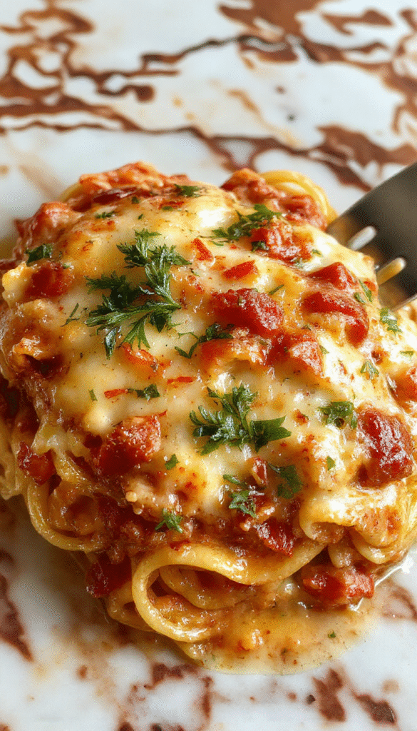 A close-up of a golden-brown cheesy spaghetti casserole served in a rustic baking dish, topped with melted cheese and sprinkled with chopped herbs, with a fork twirling some of the creamy noodles, showcasing its rich, cheesy texture and colorful ingredients.