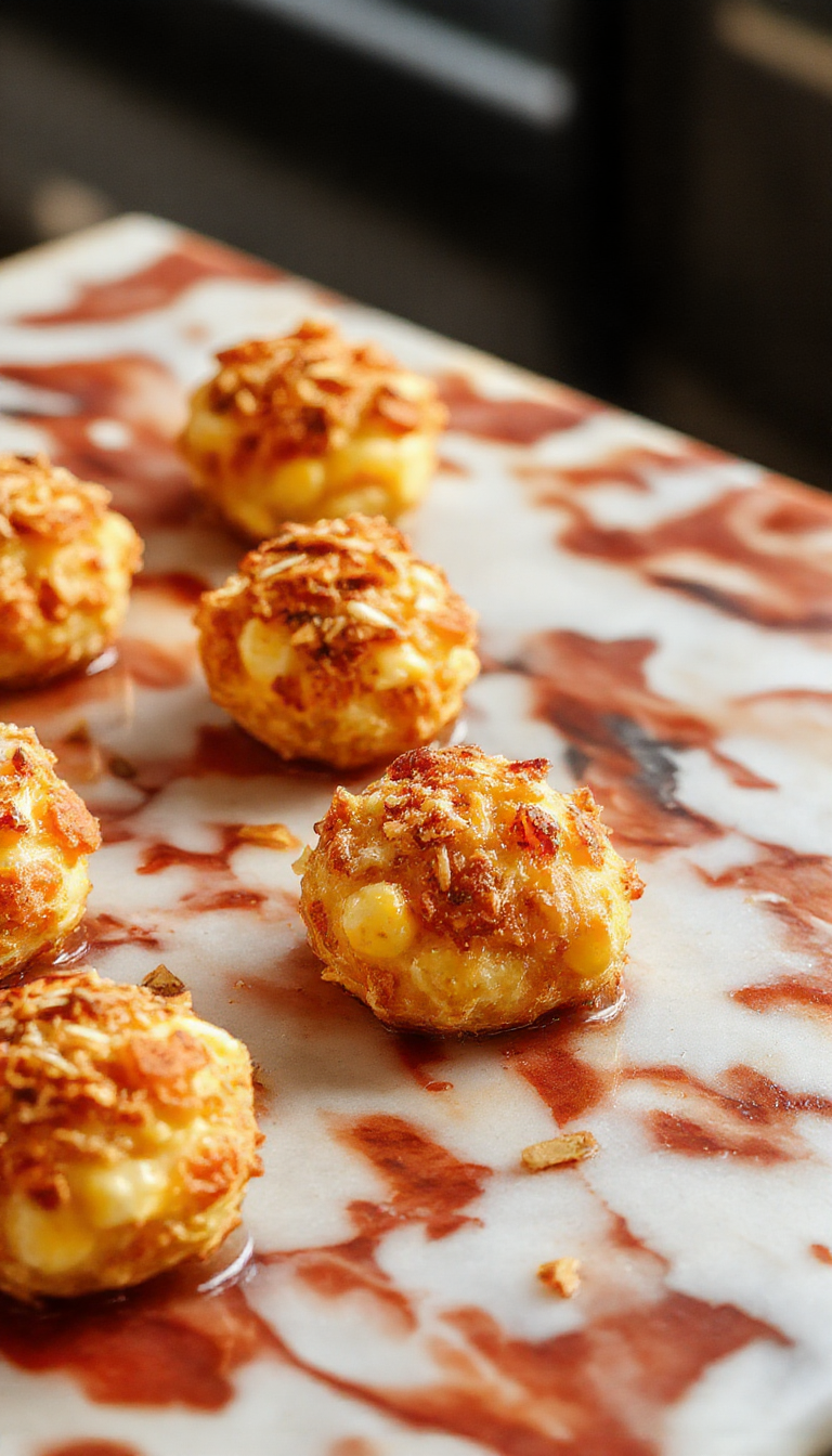 Golden crispy corn cheese bites arranged on a white plate with a side of spicy dipping sauce, garnished with chopped green herbs, showcasing textures of crunchy exterior and melty cheese inside.