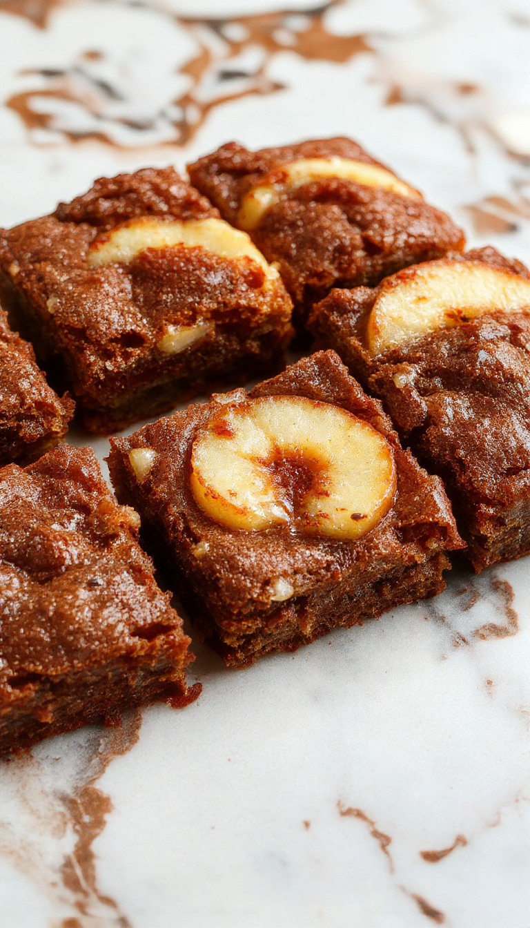 A vibrant plate of apple brownies featuring a golden-brown crust topped with thin slices of fresh apples, garnished with cinnamon and powdered sugar. The brownies are cut into squares showing the moist interior with apple pieces visible, styled on a rustic wooden table with autumn leaves in the background.