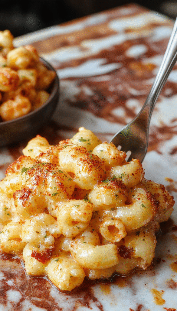 A vibrant plate of baked mac and cheese topped with golden, crispy crunch, bubbling cheese, and garnished with fresh herbs. The dish is presented on a rustic wooden table with a fork digging into the cheesy, crunchy pasta, showcasing its creamy interior and crispy topping.