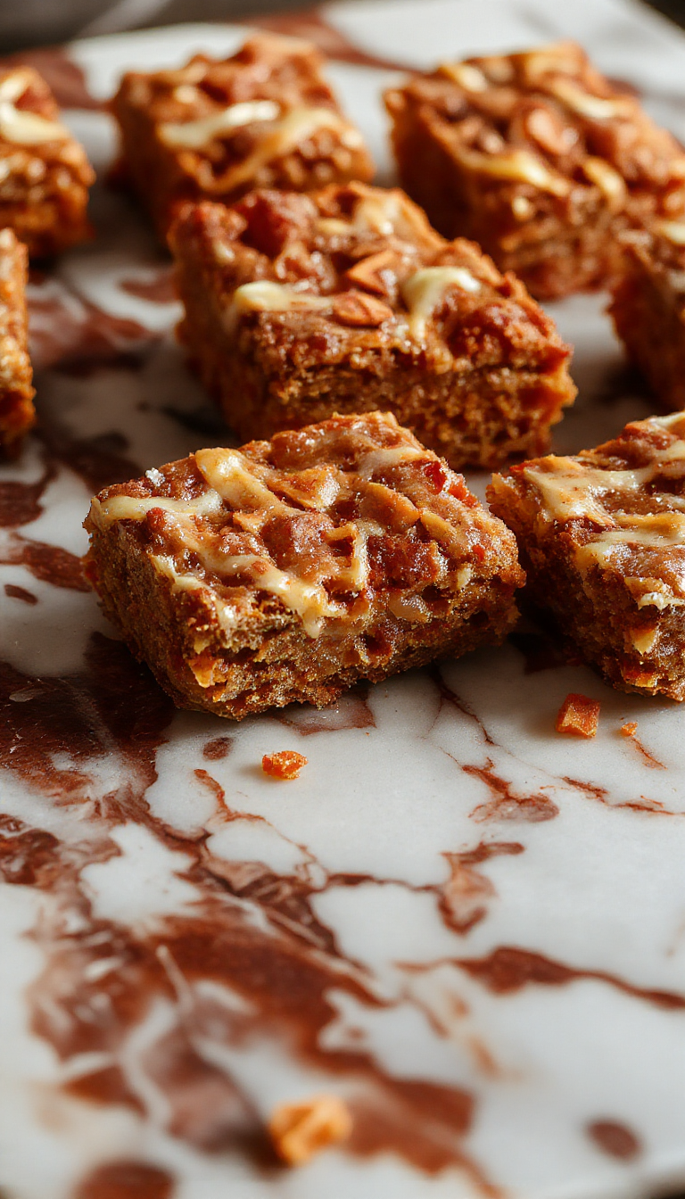 A close-up of luscious carrot cake bars arranged on a rustic wooden platter, topped with cream cheese frosting and sprinkled with chopped walnuts. The bars are golden-brown with a moist, crumbly texture and vibrant orange flecks of grated carrots. The background features a softly blurred kitchen setting with fresh carrots and a knife.