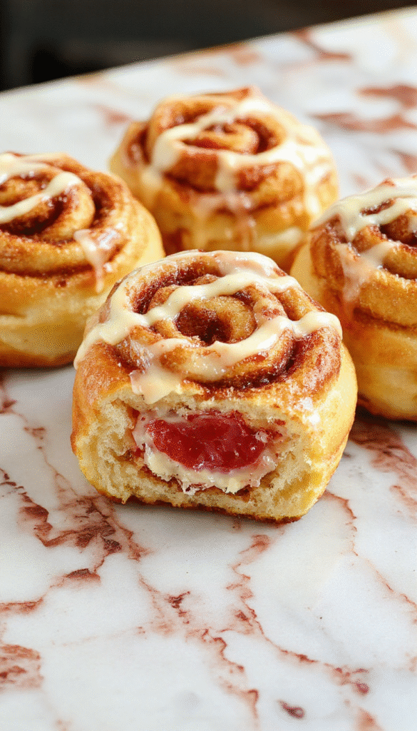 A close-up view of golden-brown cinnamon rolls topped with a creamy strawberry cheesecake frosting and fresh strawberries, arranged neatly on a rustic wooden serving board with a vibrant, colorful background.