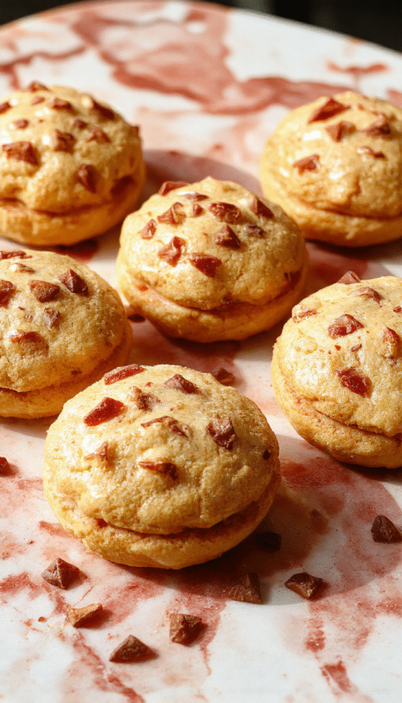 A close-up of two apple cider whoopie pies with golden-brown exterior and creamy filling, dusted with cinnamon, arranged on a rustic plate with apple slices and cinnamon sticks in the background, styled with autumn leaves for a cozy seasonal feel.