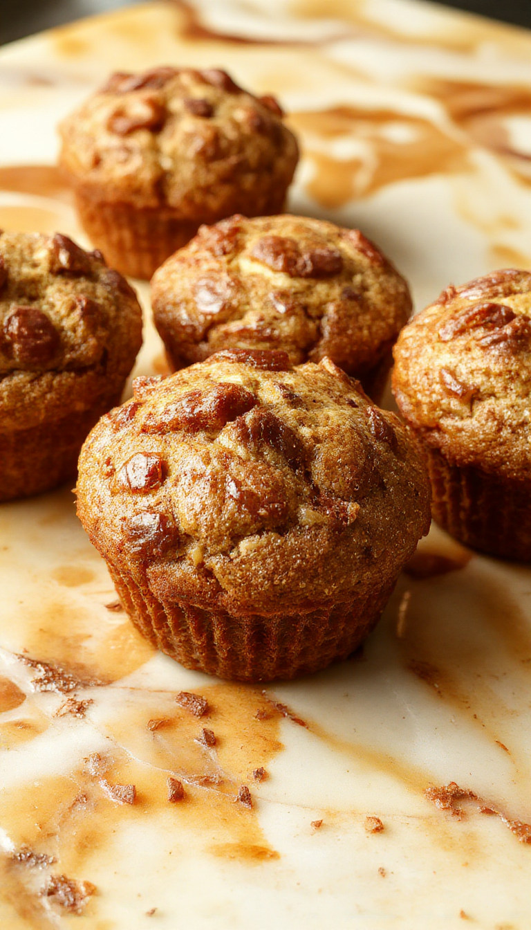 A close-up shot of golden-brown apple cinnamon muffins on a rustic wooden plate, garnished with cinnamon dust and fresh apple slices on the side, with a soft-focus kitchen background.