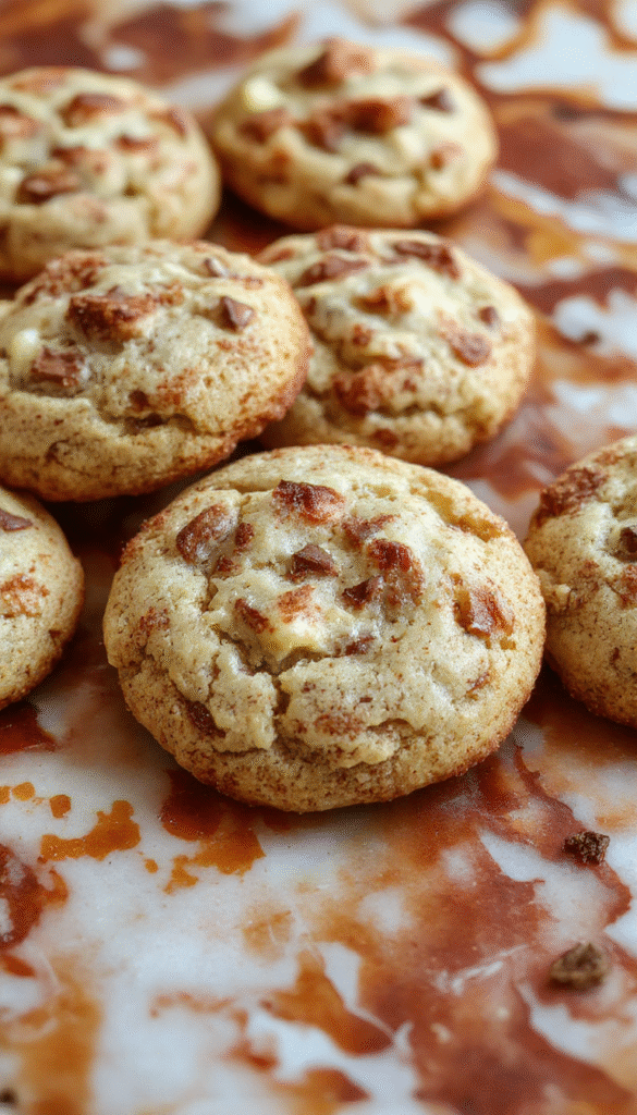 A close-up of golden-brown apple cinnamon snickerdoodle cookies, sprinkled with cinnamon sugar, arranged on a rustic white plate, with a cinnamon stick and sliced apple in the background, showcasing crispy edges and soft centers.