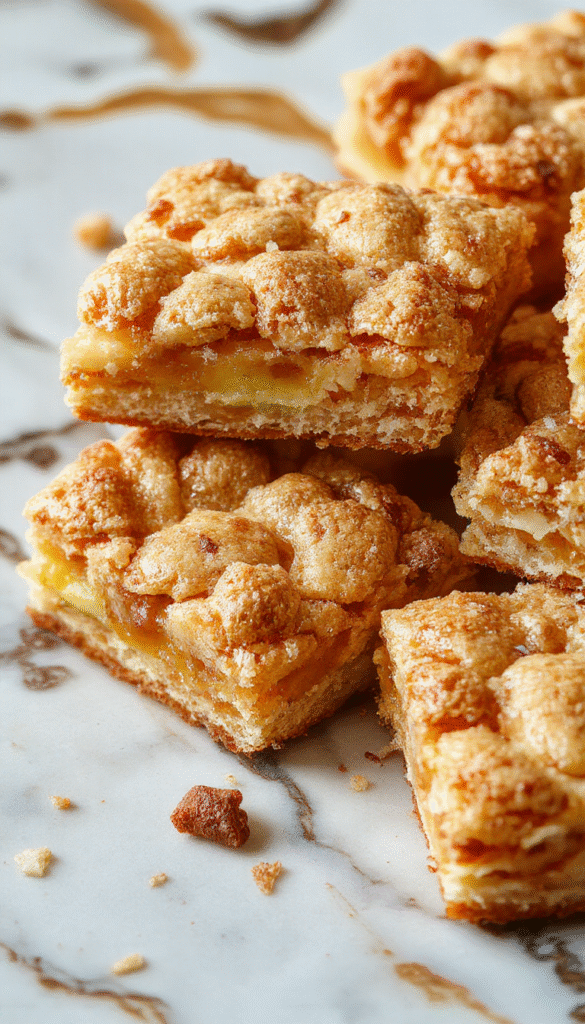 Colorful apple crisp shortbread bars topped with golden-brown crumble, sliced into rectangular pieces on a rustic wooden plate, with caramelized apple filling visible, garnished with a sprinkle of powdered sugar and a fresh mint leaf in the background.