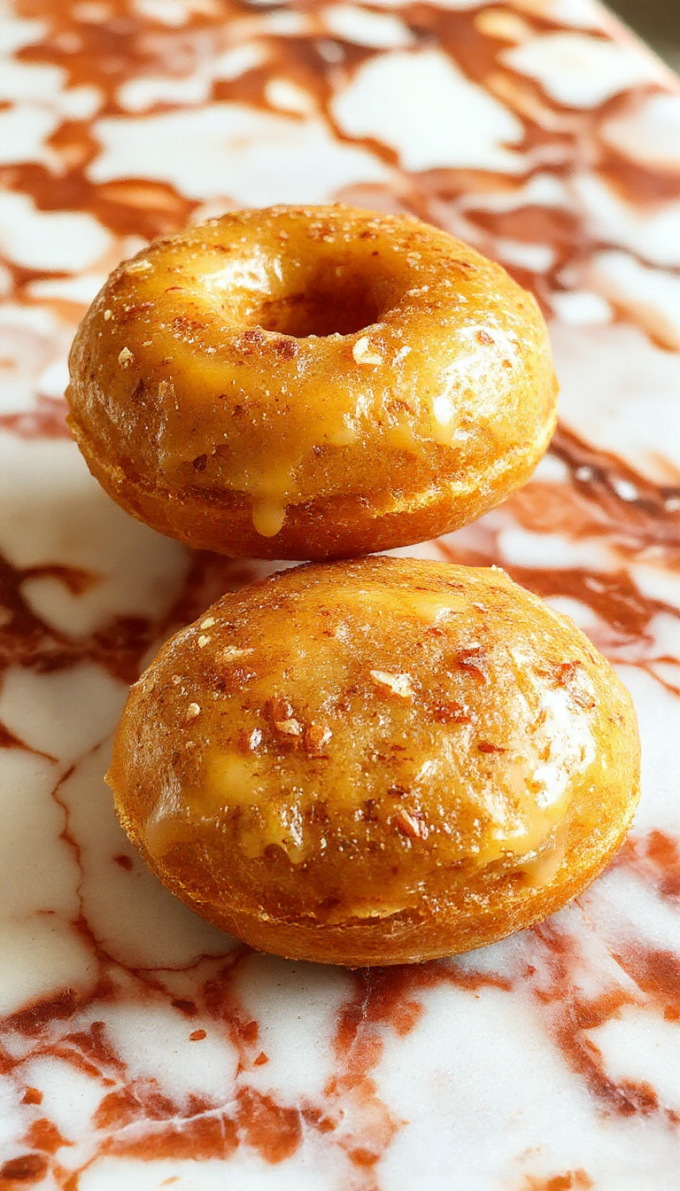 A close-up of golden-brown baked pumpkin donuts arranged on a rustic white plate, garnished with cinnamon sugar and a dusting of powdered sugar, set against a warm autumn-themed backdrop with orange and brown tones.
