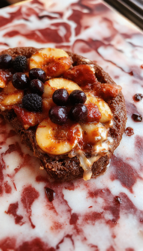 Colorful brownie fruit pizza topped with fresh strawberries, blueberries, kiwi slices, and a drizzle of chocolate sauce on a white plate, garnished with mint leaves, showcasing vibrant fruits, rich chocolate brownie base with a glossy finish, styled on a rustic wooden table.
