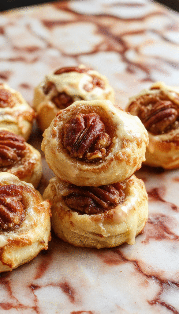 Golden-brown buttery crescent rolls filled with a chopped pecan filling, arranged on a white ceramic plate with a flaky texture, topped with powdered sugar and garnished with whole pecans, styled on a rustic wooden table with a soft focus background