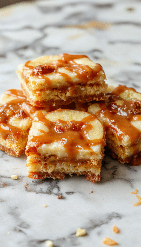 Colorful caramel apple cheesecake bars neatly sliced on a white plate, showcasing a layered texture with golden caramel drizzle, juicy apple pieces, and smooth cream cheese filling, arranged beautifully with a sprinkle of cinnamon and topped with caramel sauce.