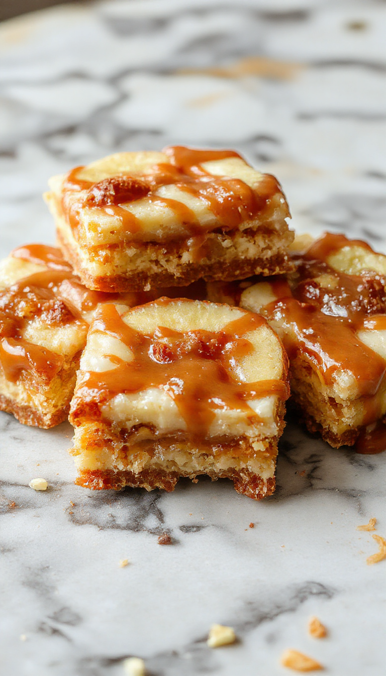 Colorful caramel apple cheesecake bars neatly sliced on a white plate, showcasing a layered texture with golden caramel drizzle, juicy apple pieces, and smooth cream cheese filling, arranged beautifully with a sprinkle of cinnamon and topped with caramel sauce.