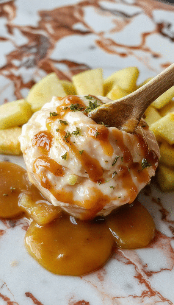 A creamy cheesecake dip with rich caramel drizzled over sliced fresh green apples arranged on a white platter, garnished with a sprinkle of crushed nuts and a caramel sauce drizzle, styled with a rustic wooden background.