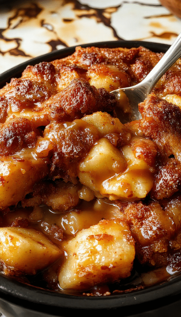 A vibrant, appetizing image of a caramel apple dump cake served in a rustic white bowl, topped with caramel sauce and fresh apple slices, garnished with a sprinkle of cinnamon, set on a wooden table with a fall-themed background.