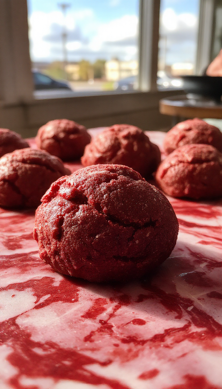 A vibrant red velvet cookie dough scoop displayed on a rustic wooden plate, garnished with chocolate chips and a dusting of powdered sugar, styled with a soft-focus background and warm lighting that highlights its creamy texture and rich red color.