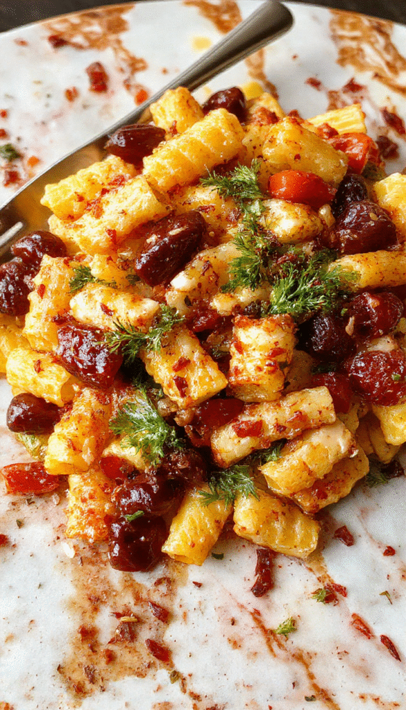 A vibrant fall-inspired pasta salad in a clear glass bowl, showcasing colorful spiral pasta, chopped roasted vegetables, fresh herbs, and a light vinaigrette drizzled on top, with a rustic wooden table background and autumn leaves for seasonal ambiance