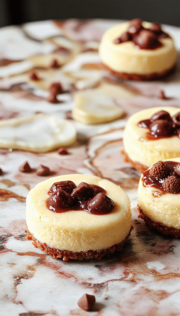 Colorful mini cheesecakes on a pristine white plate, topped with fresh strawberries and mint leaves, showcasing smooth texture and golden graham cracker crust in soft natural lighting