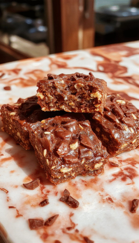 Colorful, golden brown turtle bars with swirls of chocolate, caramel, and pecans on a rustic wooden platter, topped with chocolate drizzle and sprinkled with chopped pecans, styled for an inviting dessert photo.
