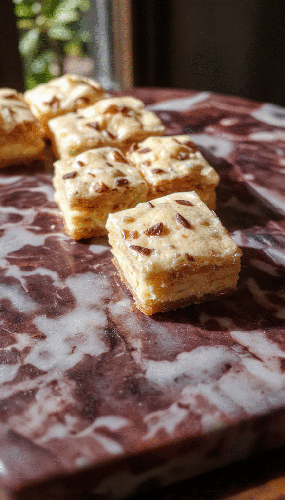 A close-up of golden-brown cannoli squares topped with powdered sugar, arranged on a white plate with a flaky, crispy texture visible, garnished with chopped pistachios and a drizzle of chocolate sauce, styled with fresh mint leaves for a colorful contrast.