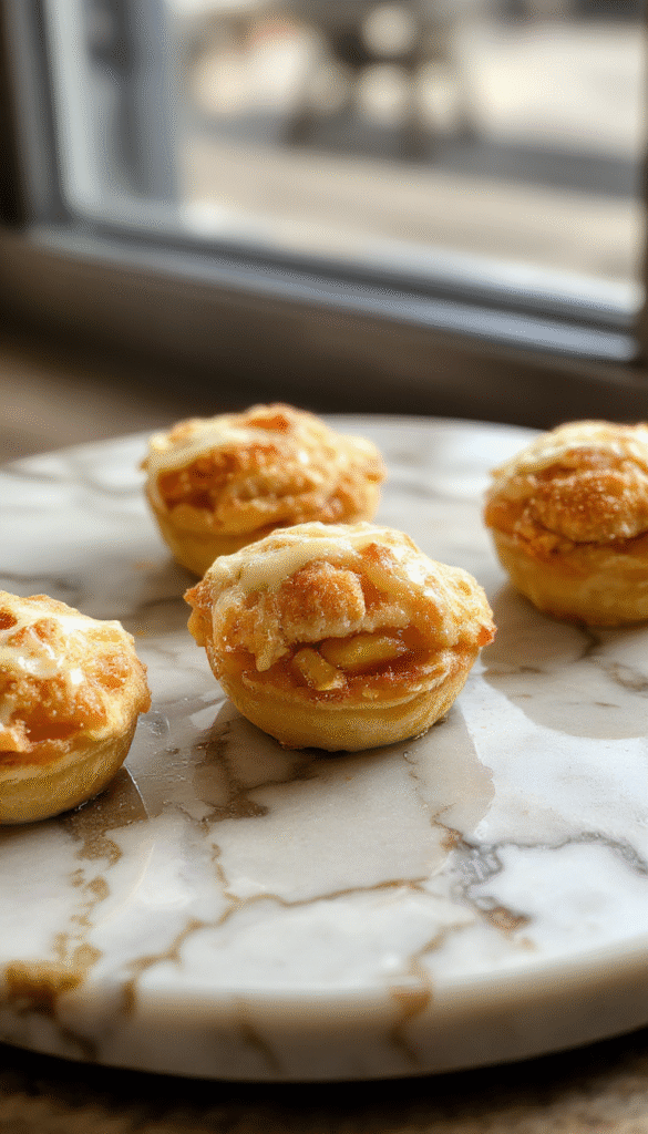 A close-up of golden-brown mini apple pies with flaky crusts, filled with caramelized apple filling, arranged on a rustic wooden platter with fresh apple slices and a dusting of powdered sugar, styled with cinnamon sticks and mint leaves for a cozy, inviting presentation.