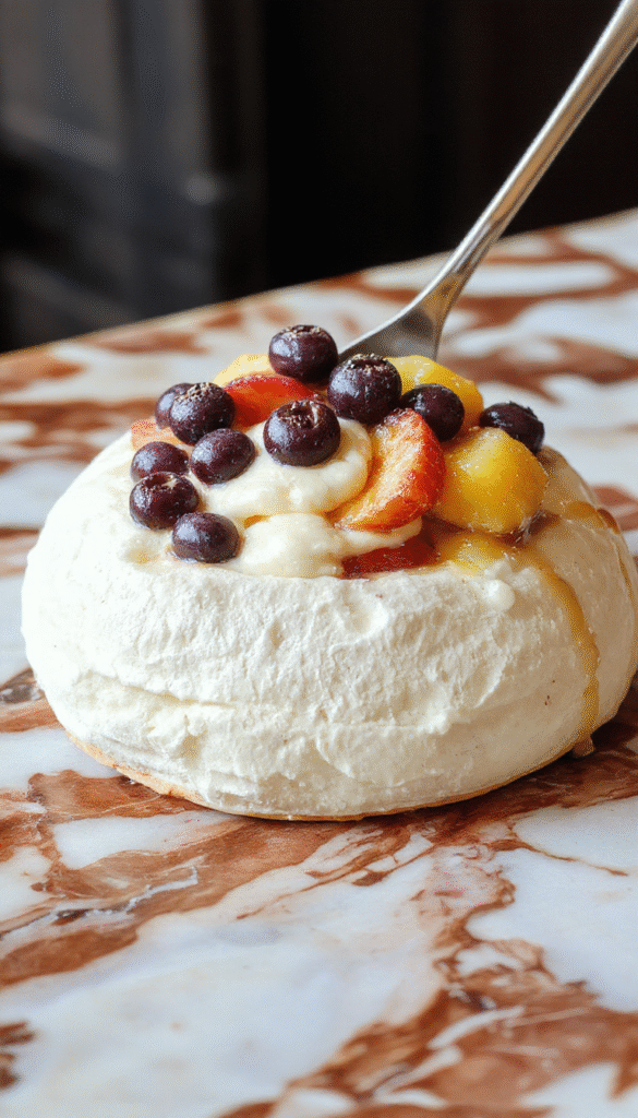 Colorful pavlova topped with fluffy white meringue, whipped cream, and an array of fresh ripe berries and sliced tropical fruits, elegantly arranged on a white plate with a light background and soft lighting highlighting the textures and vibrant colors.