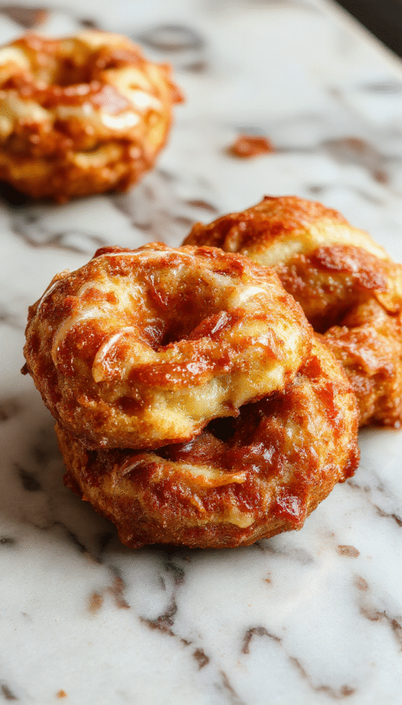 Colorful close-up of golden brown apple fritter bites arranged on a white plate, drizzled with icing, with sliced apples and cinnamon in the background, showcasing crispy textures and appealing presentation.