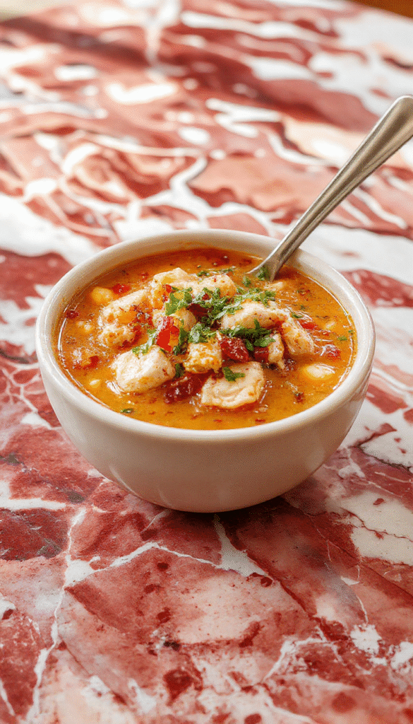 A vibrant bowl of chicken taco soup featuring shredded chicken, kidney beans, corn, and diced tomatoes, topped with shredded cheese and fresh cilantro, served in a rustic white bowl on a wooden surface with colorful ingredients scattered nearby.